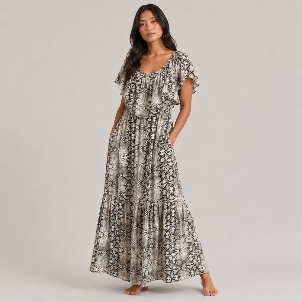 Eloquii snake print maxi dress women's 2XL 20W boho ruffle puff sleeve‎